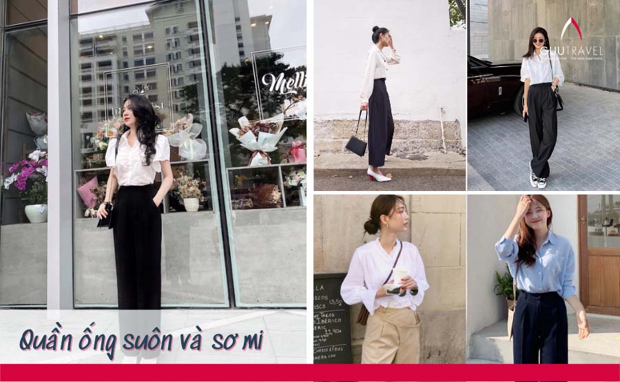 Quần ống suông kết hợp sơ mi cách điệu là cách mix-match lý tưởng cho nàng
