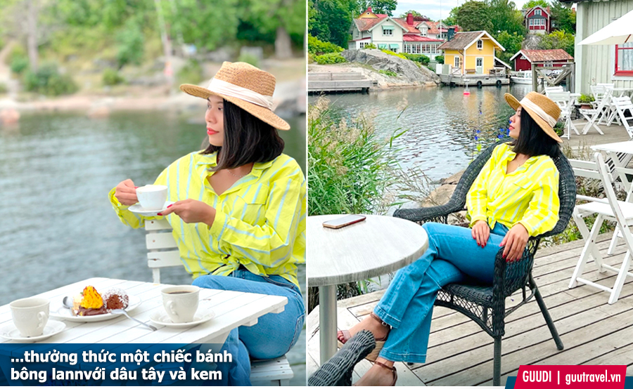 Thưởng thức một chiếc bánh bông lan với dâu tây và kem